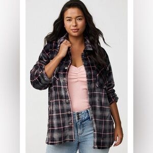 Torrid Snap Front Cozy Black and Pink Plaid Shacket